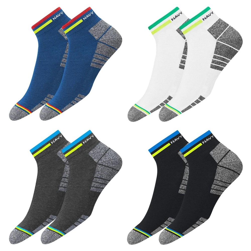 NAVYSPORT Men Ankle Length Cotton Socks (Pack of 4), Multicolor 3 (4 Pairs), One Size