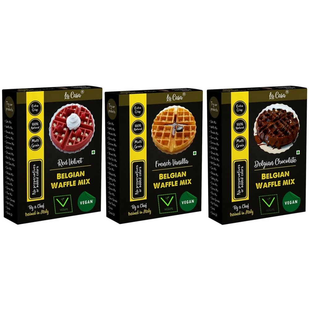 La Casa French Vanilla + Chocolate + Red Velvet Belgian Waffle Mix | Combo Pack of 3 | Pancake Mix | Multigrain | Vegan | Extra Crisp | 3x400g |