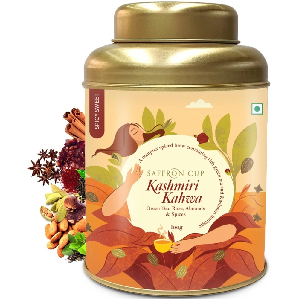 Saffron Cup Kashmiri Kahwa Green Tea - 100g | Premium Blend with Saffron-Infused Flavor, Cardamom, Rose Petals, Cinnamon & Almonds (Airtight Double-Lid Tin)