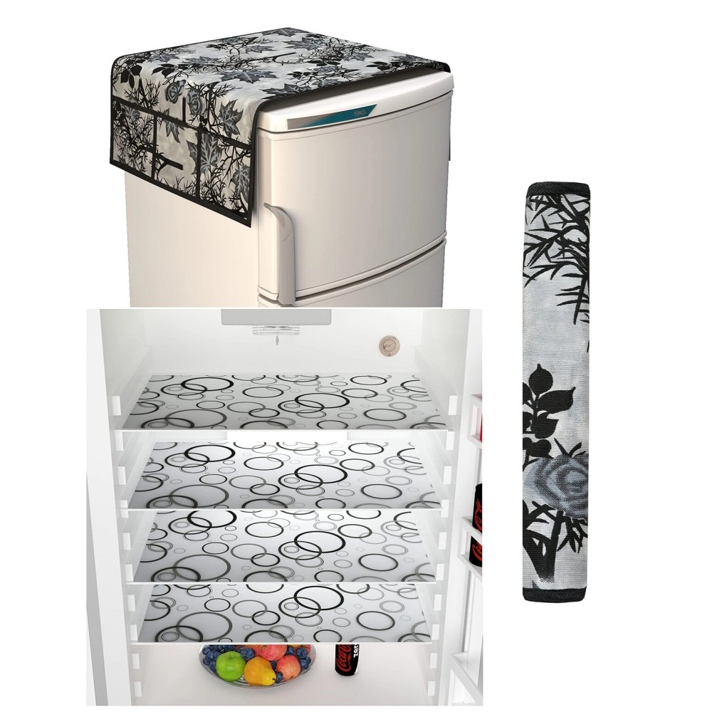 Yellow Weaves Combo of Fridge Top Cover,1 Handle Covers 4 Fridge Mats Color Black Grey, 6 Piece set