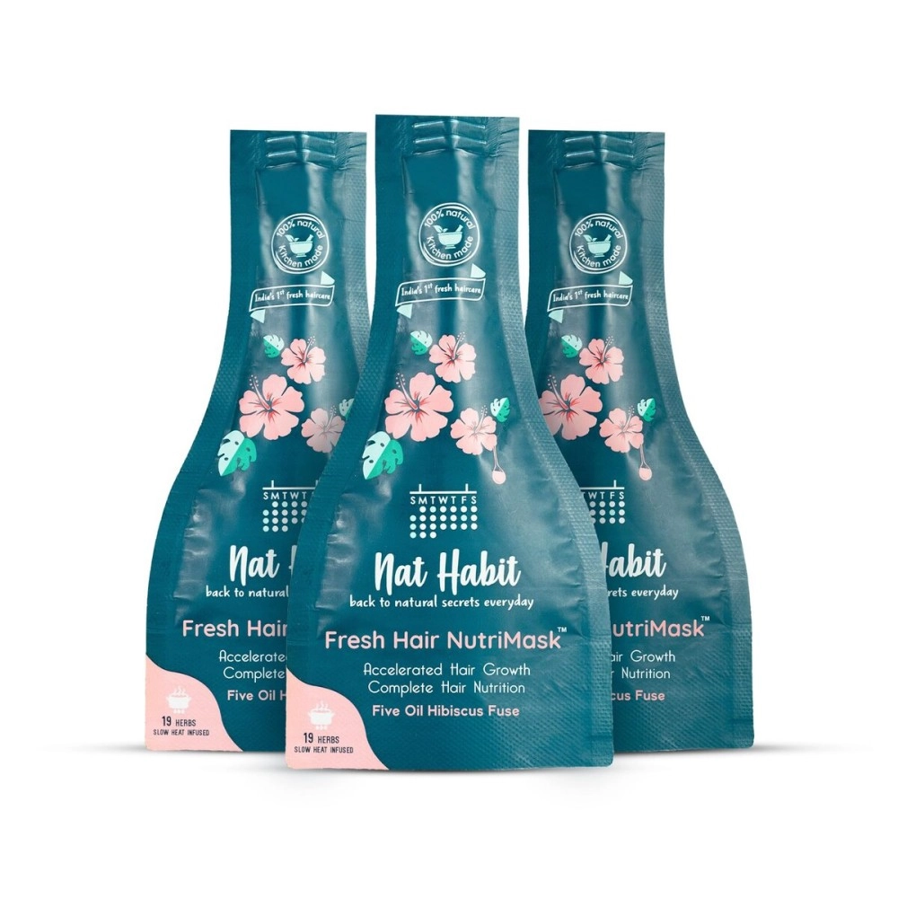 Nat Habit - Back To Natural Secrets Everyday 5-Oil Hibiscus Fresh Hair Mask for Growth, Hairfall Control & Smoothening For Dry, Frizzy Hair Treatment, 19 Herbs, Castor, Coconut, Argan,40g (Pack Of 3)