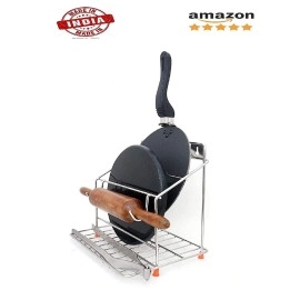 CR18 COLLECTION Chakla Belan and Tawa Stand for Kitchen 100% RustFree Stainless Steel Rolling Pin Board Holder Wall Mount Stand 4 in1 Holder, Floating Shelves, Floating Shelf