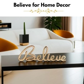 Purestory Tabletop Freestanding Believe Sign,Decorative Metal Words Home Decor,Bedroom Kitchen Living Room Table Centerpiece Words.Decorative Metal Word Signs - Believe - Gold