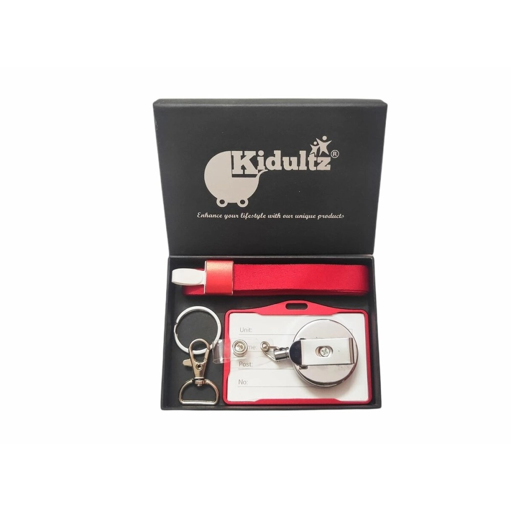 Kidultz Aluminium Premium ID Card Vertical Holder with Rope & Retractable Metal YoYo - Assorted Colour (1 Set - 1 ID Holder, 1 Rope, 1 Hook & 1 YoYo) (Red Horizontal)