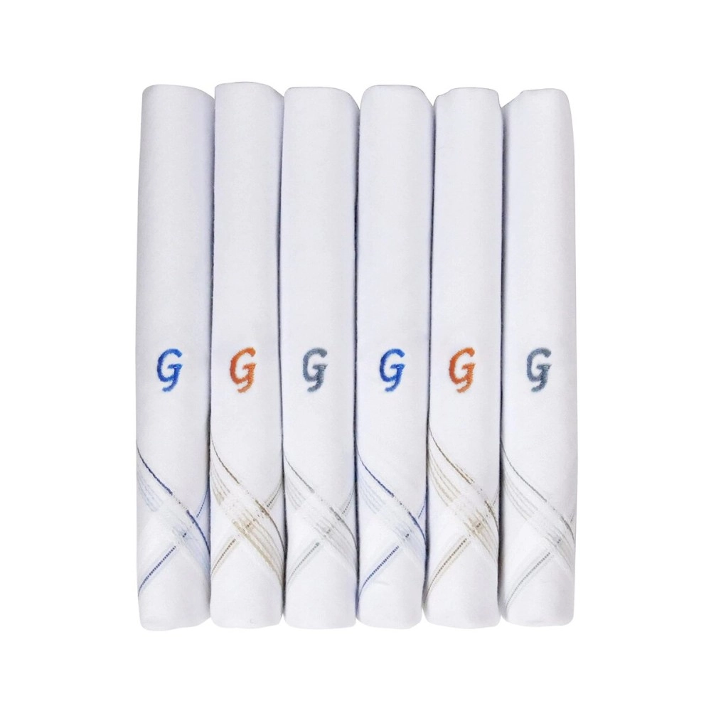 Caruso Italy Men\'s Initial Monogram G Embroidery 100% Pure Cotton Handkerchief White Base With Colored Border - Pack Of 6