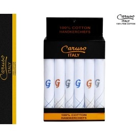 Caruso Italy Men\'s Initial Monogram G Embroidery 100% Pure Cotton Handkerchief White Base With Colored Border - Pack Of 6