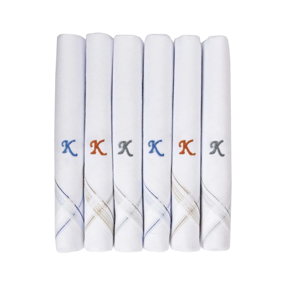 Caruso Italy Men\'s Initial Monogram K Embroidery 100% Pure Cotton Handkerchief White Base With Colored Border - Pack Of 6