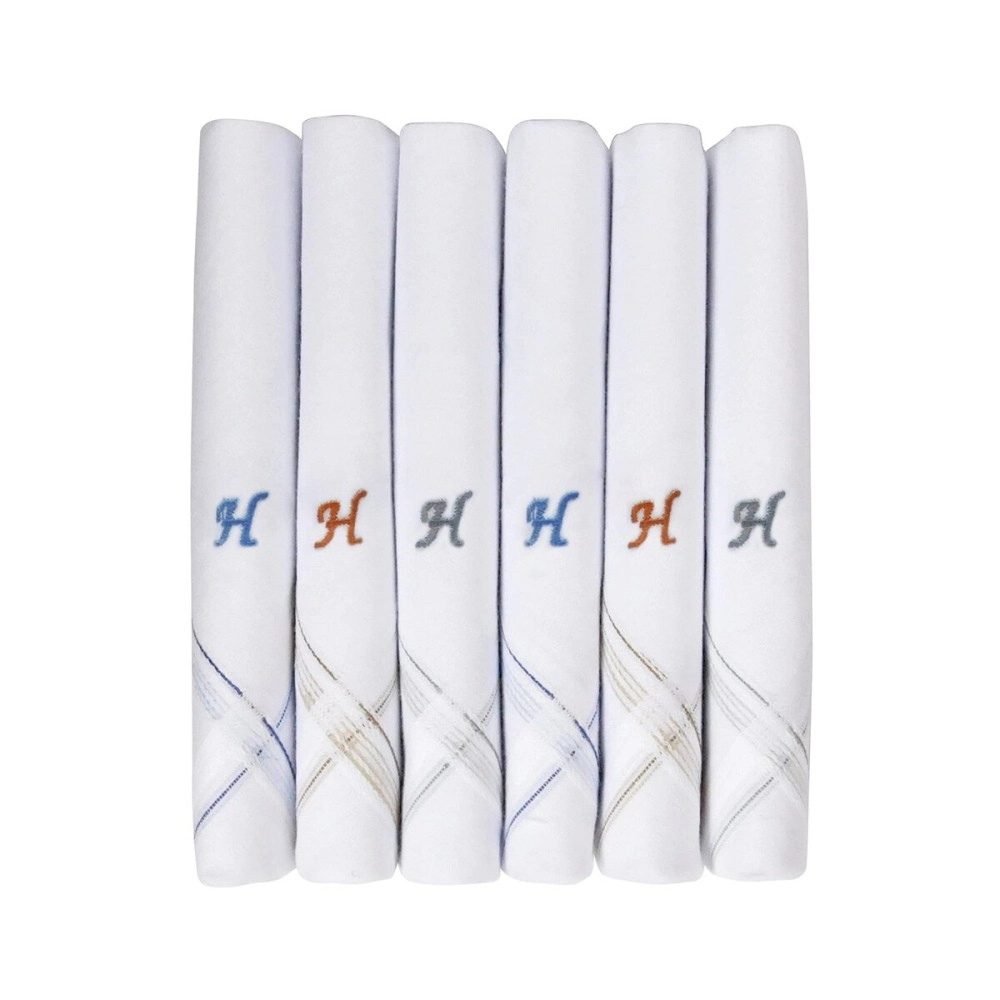 Caruso Italy Men\'s Initial Monogram H Embroidery 100% Pure Cotton Handkerchief White Base With Colored Border - Pack Of 6