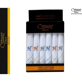 Caruso Italy Men\'s Initial Monogram H Embroidery 100% Pure Cotton Handkerchief White Base With Colored Border - Pack Of 6