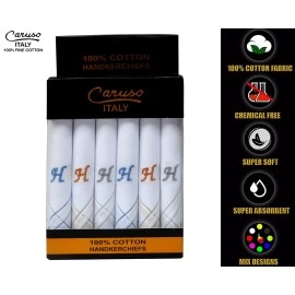 Caruso Italy Men\'s Initial Monogram H Embroidery 100% Pure Cotton Handkerchief White Base With Colored Border - Pack Of 6