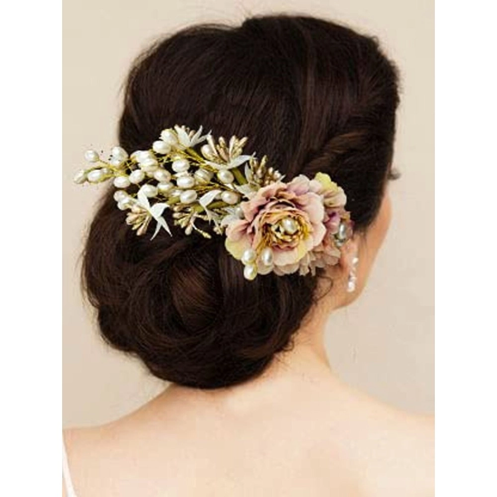 Hair Flare Artificial Peony Flower with Pearl Hair Comb Slide, Hair Juda Bun Accessories, Side Hair Pin for Girls & Women, Peach, 2216