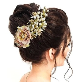 Hair Flare Artificial Peony Flower with Pearl Hair Comb Slide, Hair Juda Bun Accessories, Side Hair Pin for Girls & Women, Peach, 2216