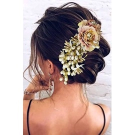 Hair Flare Artificial Peony Flower with Pearl Hair Comb Slide, Hair Juda Bun Accessories, Side Hair Pin for Girls & Women, Peach, 2216