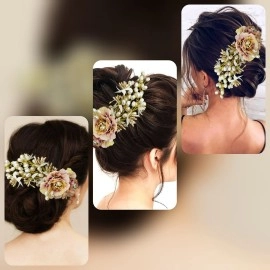 Hair Flare Artificial Peony Flower with Pearl Hair Comb Slide, Hair Juda Bun Accessories, Side Hair Pin for Girls & Women, Peach, 2216