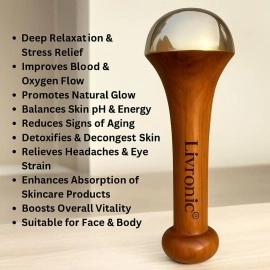 Livronic Kansa Wand for Face,Body & Foot Massager with Teak Wooden Handle Small Bronze Capped Small Kansa Wand for Deep Relaxation 4.5 Cm Natural Brown