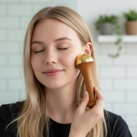 Livronic Kansa Wand for Face,Body & Foot Massager with Teak Wooden Handle Small Bronze Capped Small Kansa Wand for Deep Relaxation 4.5 Cm Natural Brown