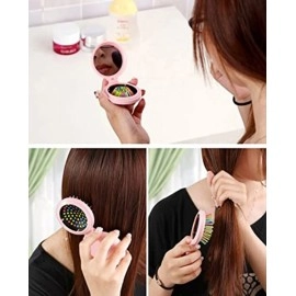 Alexvyan Light Pink Round Travel Mini Hair Comb with Make up Mirror Pocket Hair Brush Folding Hair Brush for Travel,Gift for friends, relative, lovers, sisters,mothers and yourself