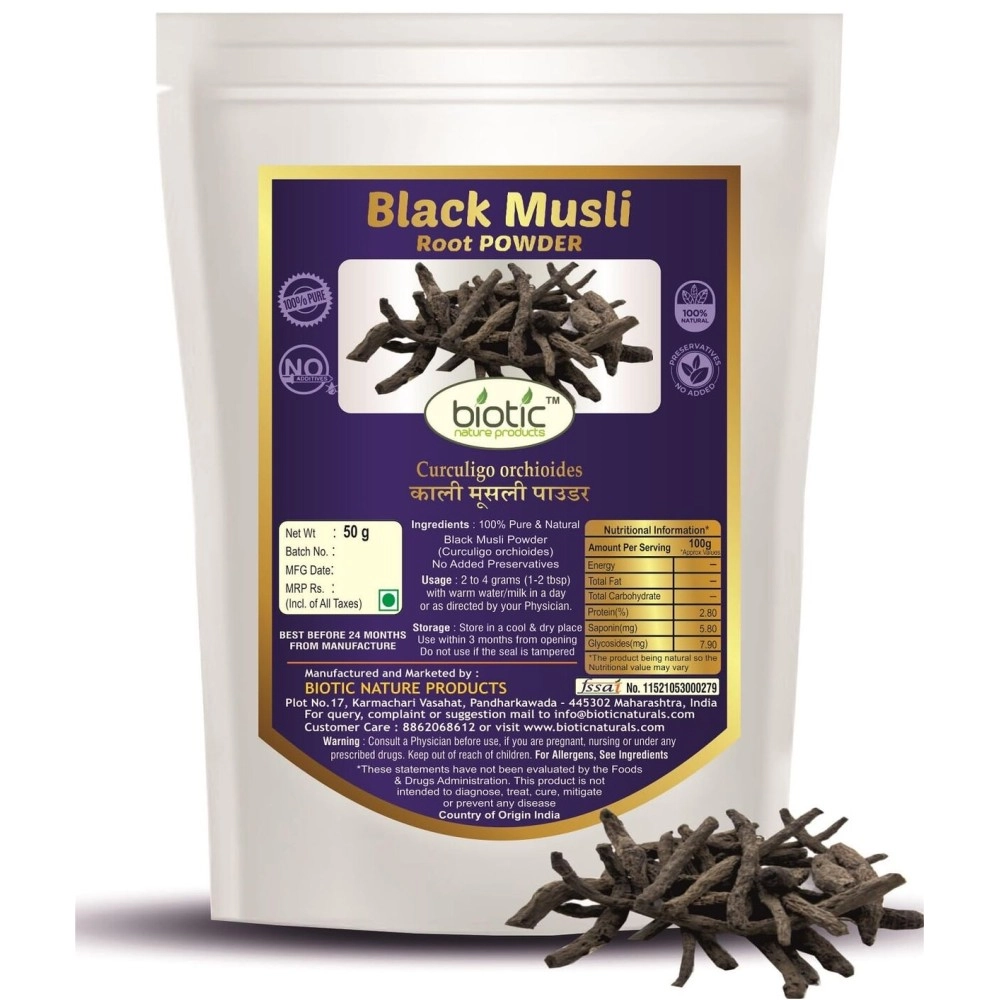 Biotic Natural Black Musli Powder - Kali Musli Powder - Curculigo orchioides - 50 gm
