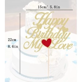 Festiko Happy Birthday My Love Cake Topper - Gold Glitter My Love Birthday Party Cake Decoration Supply - Lover Birthday Cake Topper with Heart for Wife, Husband, Children or Parent