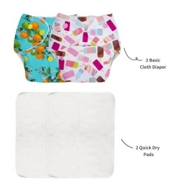 SuperBottoms BASIC EASY - Pack of 2 | 2 Cloth diaper+2 inserts- Freesize Adjustable, Washable and Reusable Cloth Diaper for babies 0-3 Years | - Assorted 2