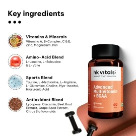 hk vitals Advanced Multivitamin with BCAA - Minerals, Amino Acids, Hyaluronic Acid, and Antioxidants - 60 Multivitamin Tablets - Immunity & Energy