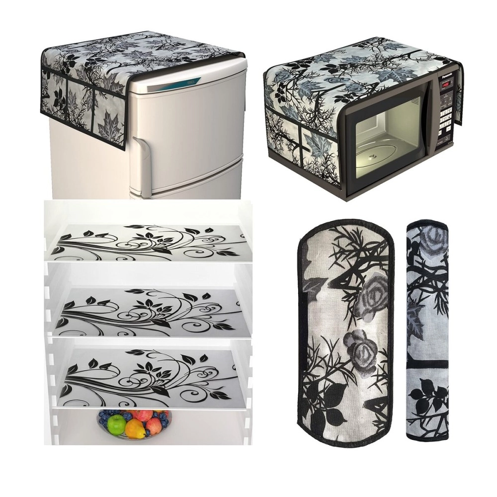 Factcore Kitchen Combo Fridge Top Cover, Oven Cover 1 Piece,2 Piece Fridge Handle Cover, 3 Pcs Fridge Mats (Black Classic), (Set of 7 Piece) (Black Branch Oven Combo)