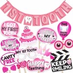 WOBBOX First Tooth Photo Booth Party Props (13 Pcs) with Banner, Balloons, Wooden Dowel Sticks, Adhesives - Baby\'s First Tooth - Pink - Cartoon