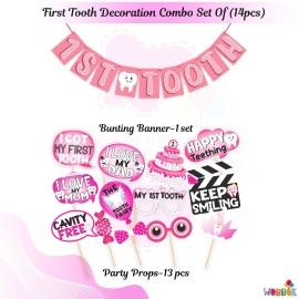 WOBBOX First Tooth Photo Booth Party Props (13 Pcs) with Banner, Balloons, Wooden Dowel Sticks, Adhesives - Baby\'s First Tooth - Pink - Cartoon