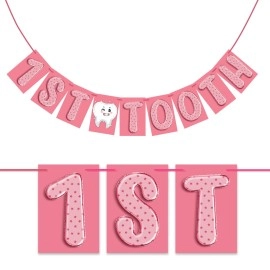 WOBBOX First Tooth Photo Booth Party Props (13 Pcs) with Banner, Balloons, Wooden Dowel Sticks, Adhesives - Baby\'s First Tooth - Pink - Cartoon
