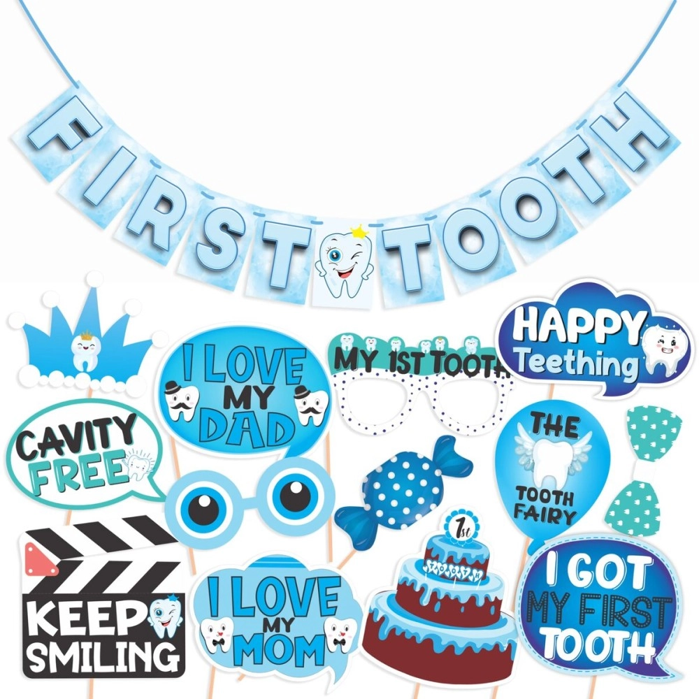 Wobbox First Tooth Photo Booth Party Props (13 Pcs) with First Tooth Bunting Banner, Blue & White Colour with Stylish Font, First Tooth Decoration, First Tooth Decoration Items for Baby