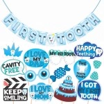 Wobbox First Tooth Photo Booth Party Props (13 Pcs) with First Tooth Bunting Banner, Blue & White Colour with Stylish Font, First Tooth Decoration, First Tooth Decoration Items for Baby