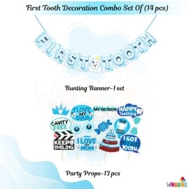 Wobbox First Tooth Photo Booth Party Props (13 Pcs) with First Tooth Bunting Banner, Blue & White Colour with Stylish Font, First Tooth Decoration, First Tooth Decoration Items for Baby