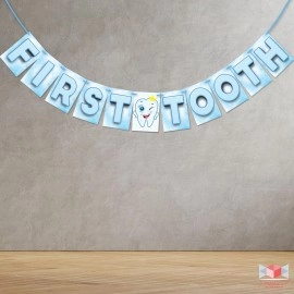 Wobbox First Tooth Photo Booth Party Props (13 Pcs) with First Tooth Bunting Banner, Blue & White Colour with Stylish Font, First Tooth Decoration, First Tooth Decoration Items for Baby