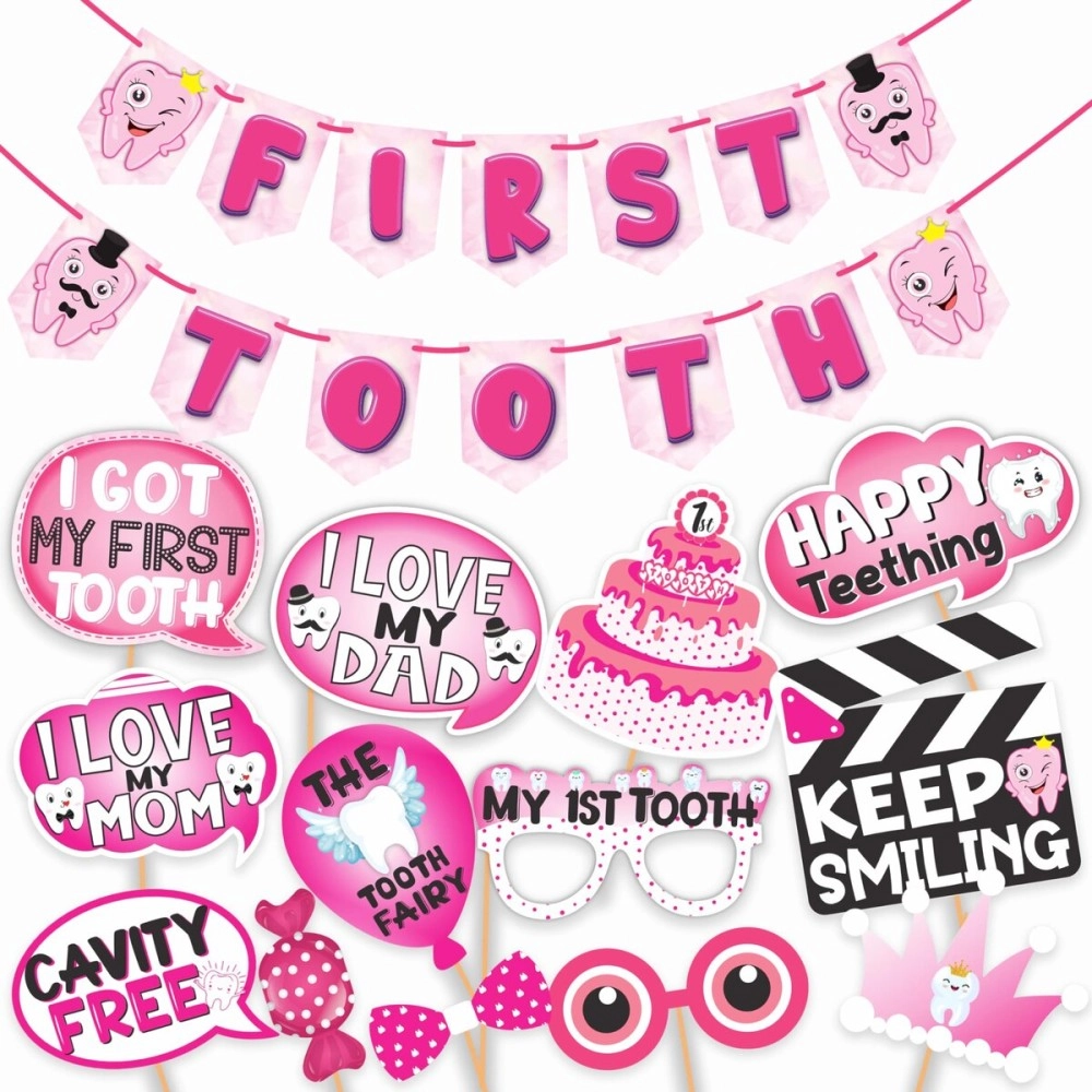 Wobbox First Tooth Photo Booth Party Props (13 Pcs) with First Tooth Bunting Banner, Pink Colour Stylish Font, First Tooth Decoration, First Tooth Decoration Items for Baby