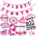 Wobbox First Tooth Photo Booth Party Props (13 Pcs) with First Tooth Bunting Banner, Pink Colour Stylish Font, First Tooth Decoration, First Tooth Decoration Items for Baby