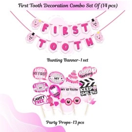 Wobbox First Tooth Photo Booth Party Props (13 Pcs) with First Tooth Bunting Banner, Pink Colour Stylish Font, First Tooth Decoration, First Tooth Decoration Items for Baby