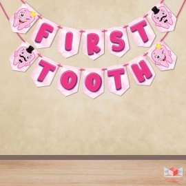 Wobbox First Tooth Photo Booth Party Props (13 Pcs) with First Tooth Bunting Banner, Pink Colour Stylish Font, First Tooth Decoration, First Tooth Decoration Items for Baby