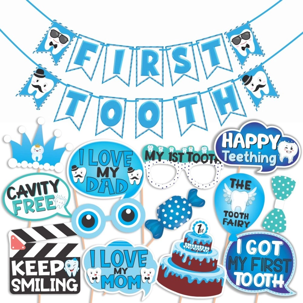 WOBBOX First Tooth Photo Booth Party Props (13 Pcs) with First Tooth Bunting Banner, Blue Colour Stylish Font, First Tooth Decoration, First Tooth Decoration Items for Baby, Design 2, Baby Boy - Blue