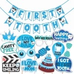 WOBBOX First Tooth Photo Booth Party Props (13 Pcs) with First Tooth Bunting Banner, Blue Colour Stylish Font, First Tooth Decoration, First Tooth Decoration Items for Baby, Design 2, Baby Boy - Blue