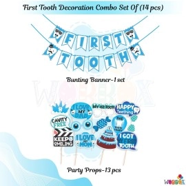 WOBBOX First Tooth Photo Booth Party Props (13 Pcs) with First Tooth Bunting Banner, Blue Colour Stylish Font, First Tooth Decoration, First Tooth Decoration Items for Baby, Design 2, Baby Boy - Blue