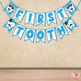 WOBBOX First Tooth Photo Booth Party Props (13 Pcs) with First Tooth Bunting Banner, Blue Colour Stylish Font, First Tooth Decoration, First Tooth Decoration Items for Baby, Design 2, Baby Boy - Blue
