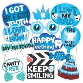 WOBBOX First Tooth Photo Booth Party Props (13 Pcs) with First Tooth Bunting Banner, Blue Colour Stylish Font, First Tooth Decoration, First Tooth Decoration Items for Baby, Design 2, Baby Boy - Blue