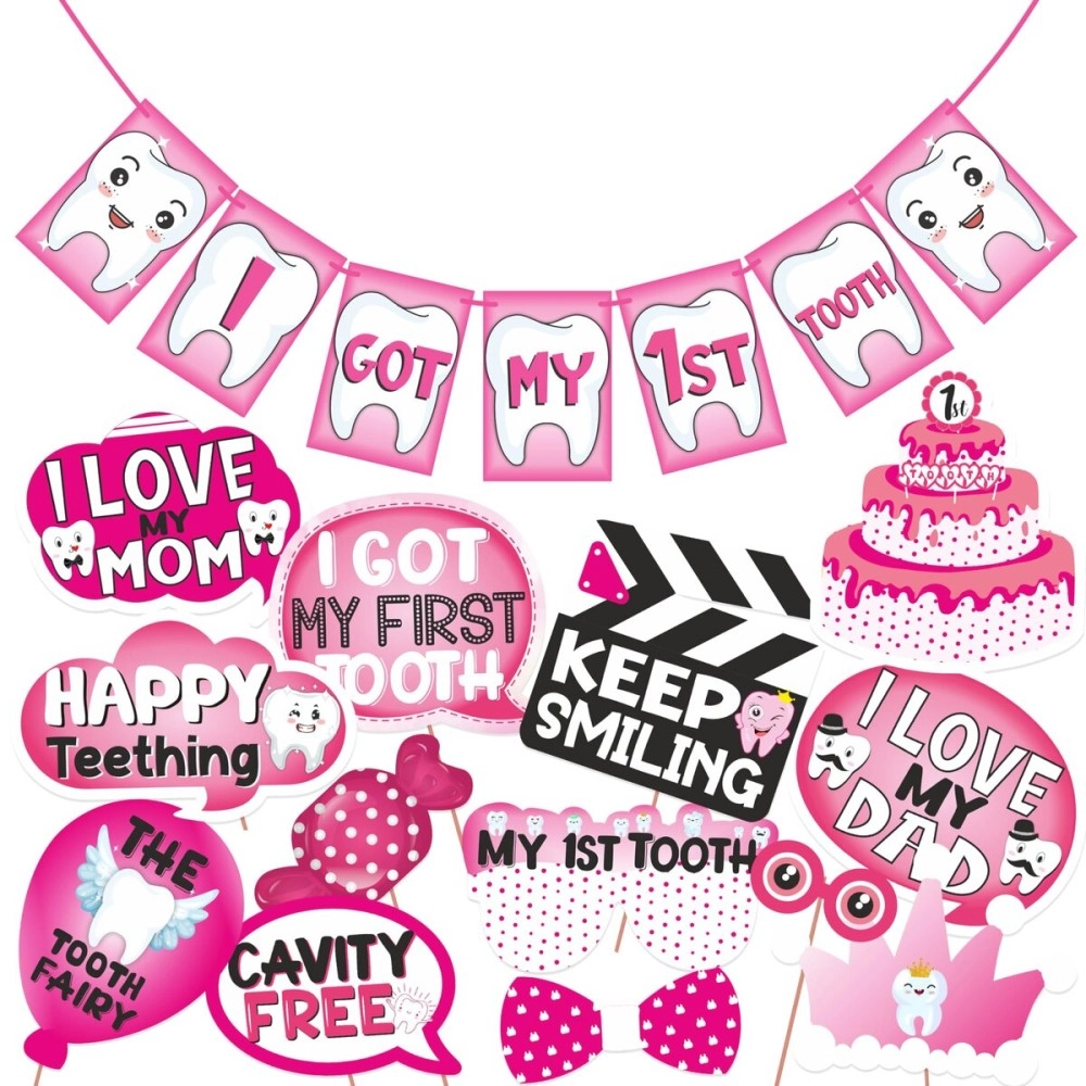 Wobbox First Tooth Photo Booth Party Props (13 Pcs) with I Got My 1st Tooth Bunting Banner, Pink Colour Stylish Font, First Tooth Decoration, First Tooth Decoration Items for Baby