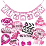 Wobbox First Tooth Photo Booth Party Props (13 Pcs) with I Got My 1st Tooth Bunting Banner, Pink Colour Stylish Font, First Tooth Decoration, First Tooth Decoration Items for Baby