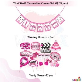 Wobbox First Tooth Photo Booth Party Props (13 Pcs) with I Got My 1st Tooth Bunting Banner, Pink Colour Stylish Font, First Tooth Decoration, First Tooth Decoration Items for Baby