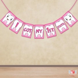 Wobbox First Tooth Photo Booth Party Props (13 Pcs) with I Got My 1st Tooth Bunting Banner, Pink Colour Stylish Font, First Tooth Decoration, First Tooth Decoration Items for Baby