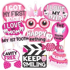 Wobbox First Tooth Photo Booth Party Props (13 Pcs) with I Got My 1st Tooth Bunting Banner, Pink Colour Stylish Font, First Tooth Decoration, First Tooth Decoration Items for Baby