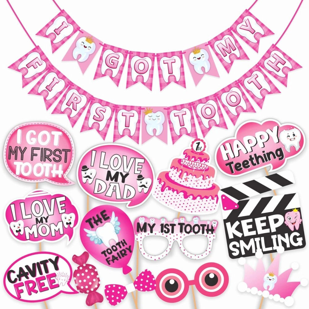 Wobbox First Tooth Photo Booth Party Props (13 Pcs) with I Got My 1st Tooth Check Pattern Bunting Banner, Pink Colour Stylish Font, First Tooth Decoration, First Tooth Decoration Items for Baby