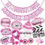 Wobbox First Tooth Photo Booth Party Props (13 Pcs) with I Got My 1st Tooth Check Pattern Bunting Banner, Pink Colour Stylish Font, First Tooth Decoration, First Tooth Decoration Items for Baby