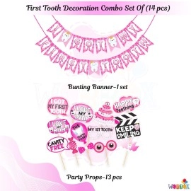 Wobbox First Tooth Photo Booth Party Props (13 Pcs) with I Got My 1st Tooth Check Pattern Bunting Banner, Pink Colour Stylish Font, First Tooth Decoration, First Tooth Decoration Items for Baby